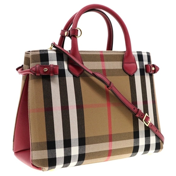 Burberry Banner Medium Tote Shoulder Bag Check Canvas Red New - Picture 1 of 9